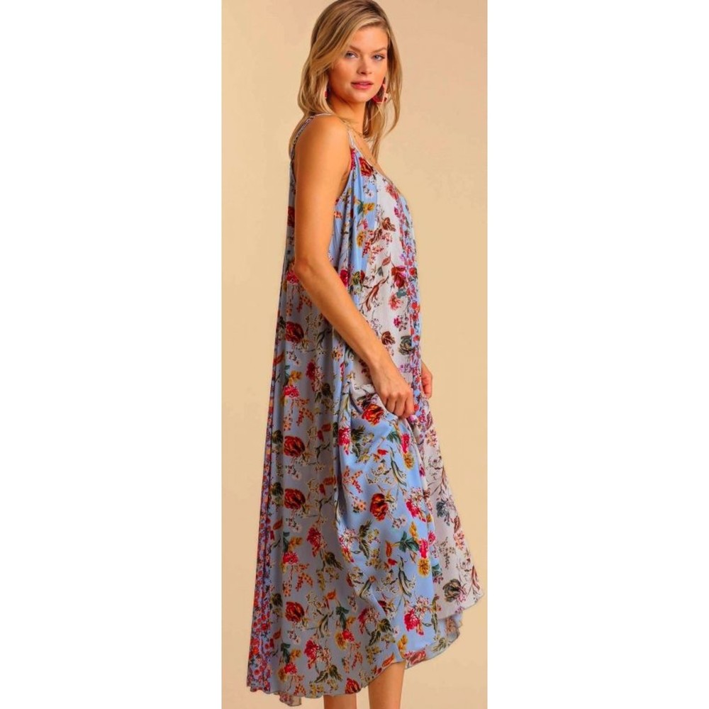 New Umgee S 4 6  Floral Mixed Print Adjustable Spaghetti Strap Hi-Low Maxi Dress - Picture 2 of 4